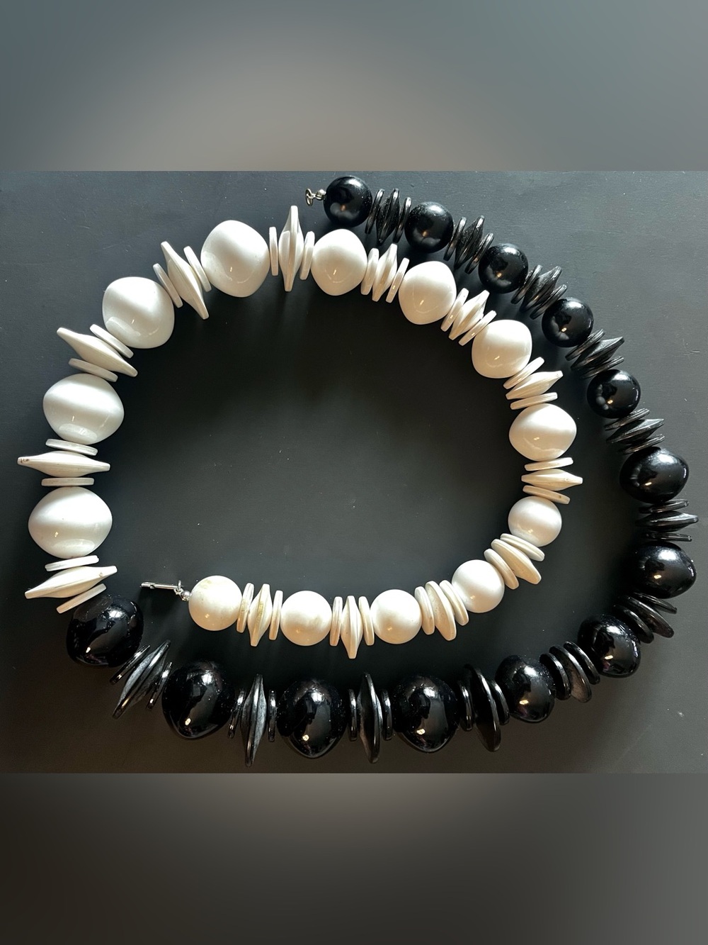 Black and White Chunky Beaded Necklace - Classic Contrast Statement - 31”